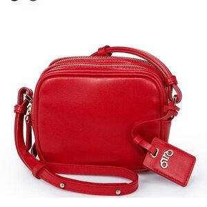 ROVIMOSS Red Leather Double Zip Crossbody Mini Bag Red Camera Bag 6"x5"x3"